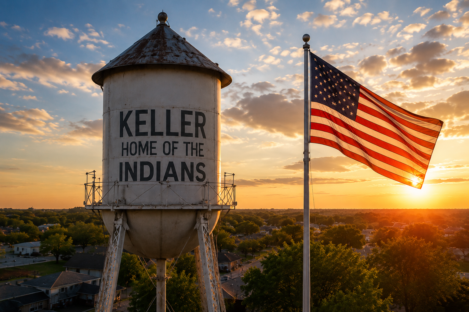 Keller, Texas water tower at sunset with an American flag